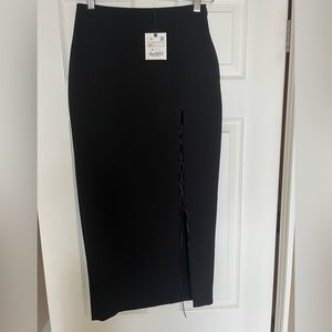 Zara Black Midi Lace Up Pencil Skirt Side Slit Size XS